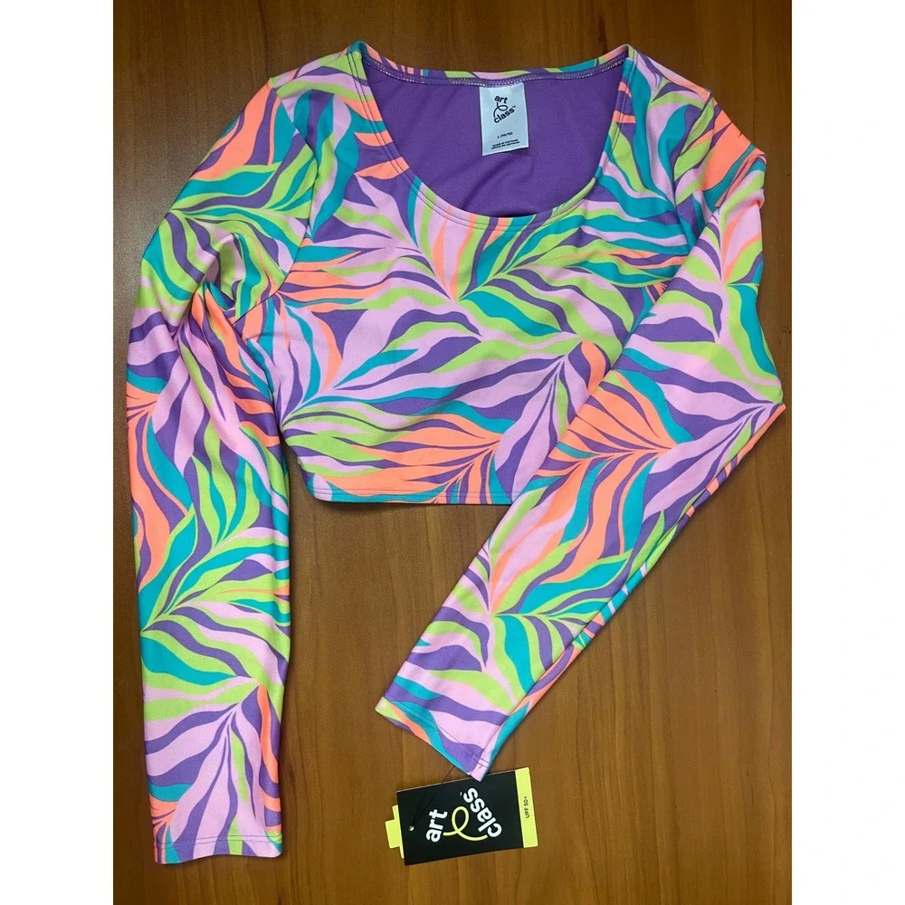 Art Class Girls Long Sleeve Rash Guard Swim Top Tropical Leaf Print Purple Large